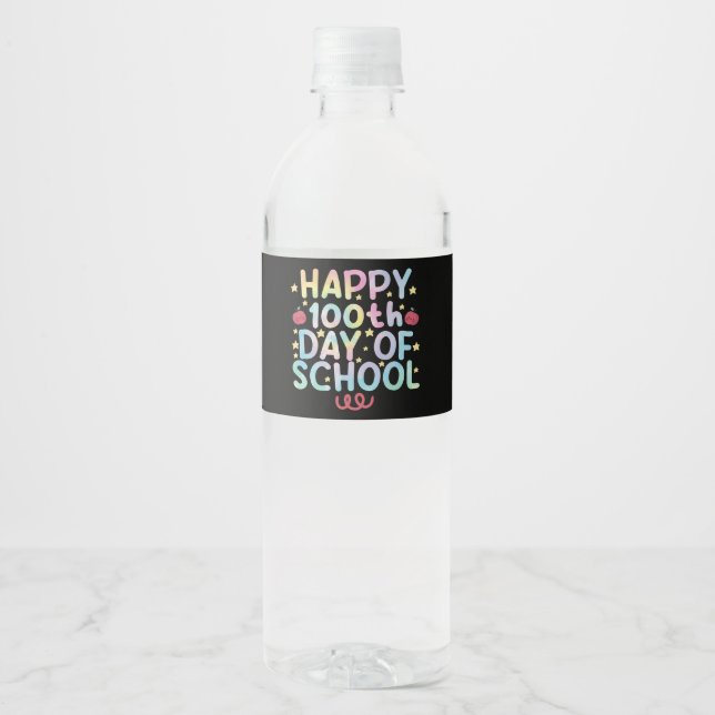 Tie Dye Happy 100th Day Of School Teacher Student  Water Bottle Label (Front)
