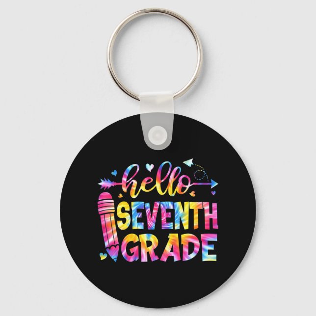 Tie Dye Hello Seventh Grade Teacher Student Back T Keychain (Front)