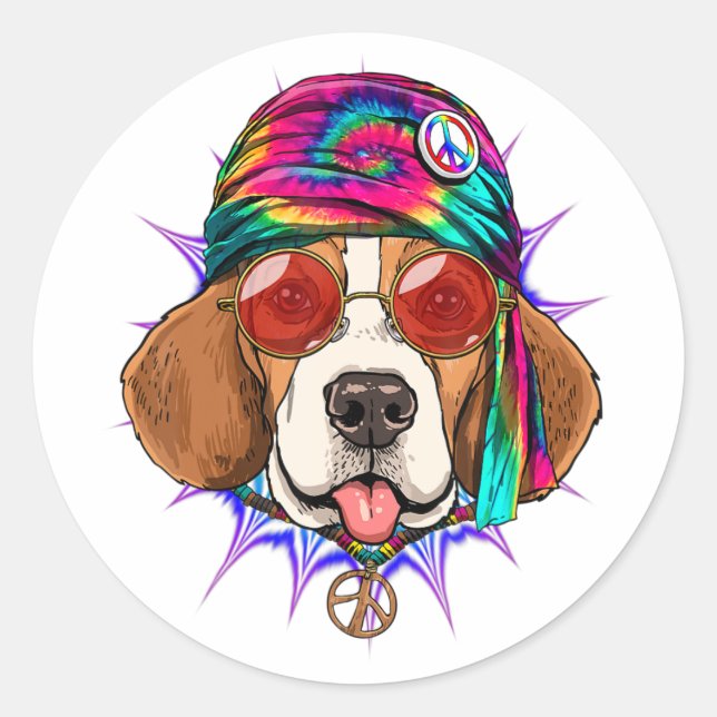 Tie Dye Hippie Beagle Hippiness Peace Love Dog Classic Round Sticker (Front)