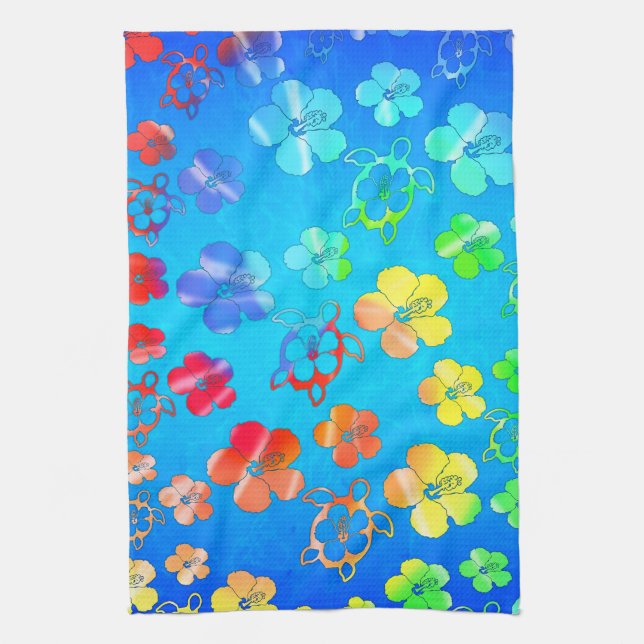 Tie Dye Honu And Hibiscus Kitchen Towel (Vertical)