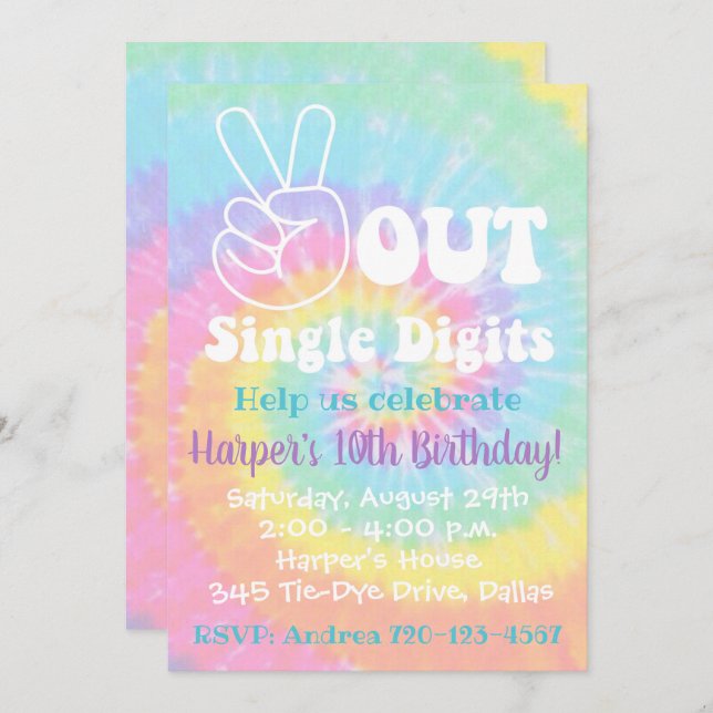 Tie Dye Invitation 10th Birthday Peace Out (Front/Back)
