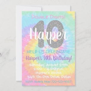 Tie Dye Invitation anniversaire 10e anniversaire