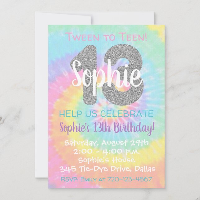 Tie Dye Invitation anniversaire 13e anniversaire (Devant)