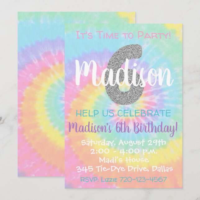 Tie Dye Invitation Anniversaire 6e Anniversaire (Devant / Derrière)