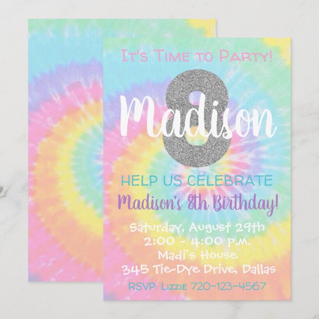 Tie Dye Invitation Anniversaire 8e Anniversaire (Devant / Derrière)