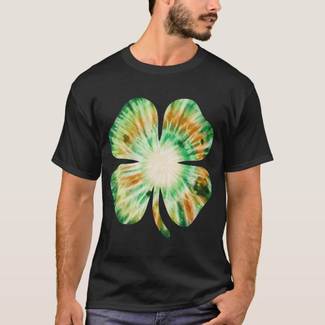 Tie Dye Irish Shamrock Lucky Four Leaf Clover T-Shirt (Front)