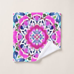 Tie Dye Mandala Pattern Denim Blue and Pink  Bath Towel Set