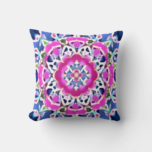 Tie Dye Mandala Pattern Denim Blue and Pink  Throw Pillow (Front)