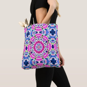 Tie Dye Mandala Pattern Denim Blue and Pink     Tote Bag