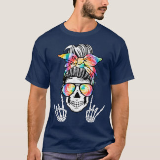 Tie Dye Messy Bun Hair Skeleton Haloween Rock N Ro T-Shirt