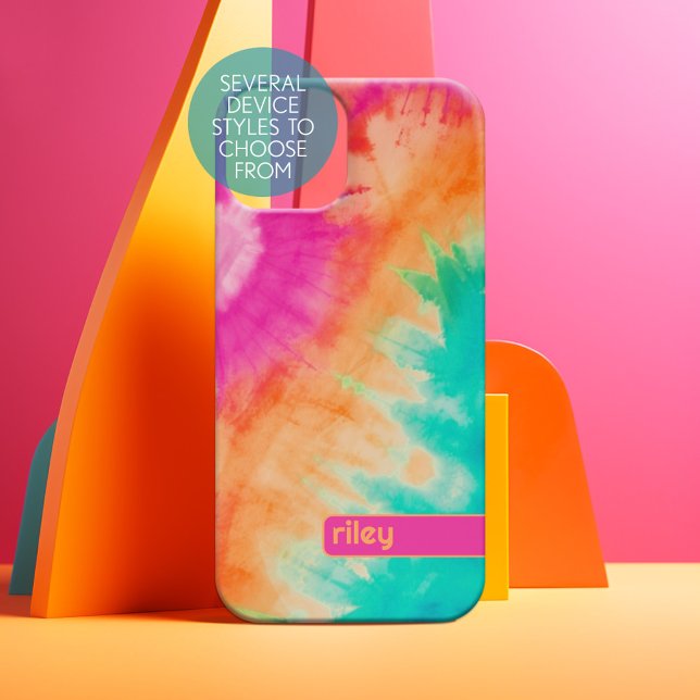 Tie Dye Motif Hot rose orange Turquoise - nom pers (Personalized Phone Case)