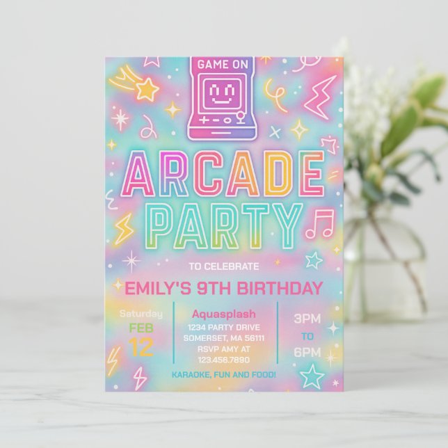 Tie Dye Neon Glow Arcade Party Birthday Invitation (Standing Front)
