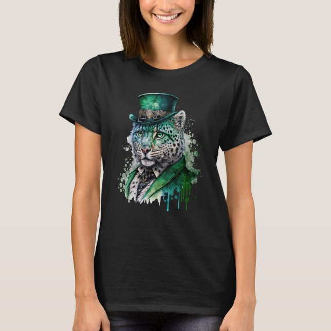 Tie Dye Panther Tuxedo Leprechaun Hat St Patrick's T-Shirt (Front)