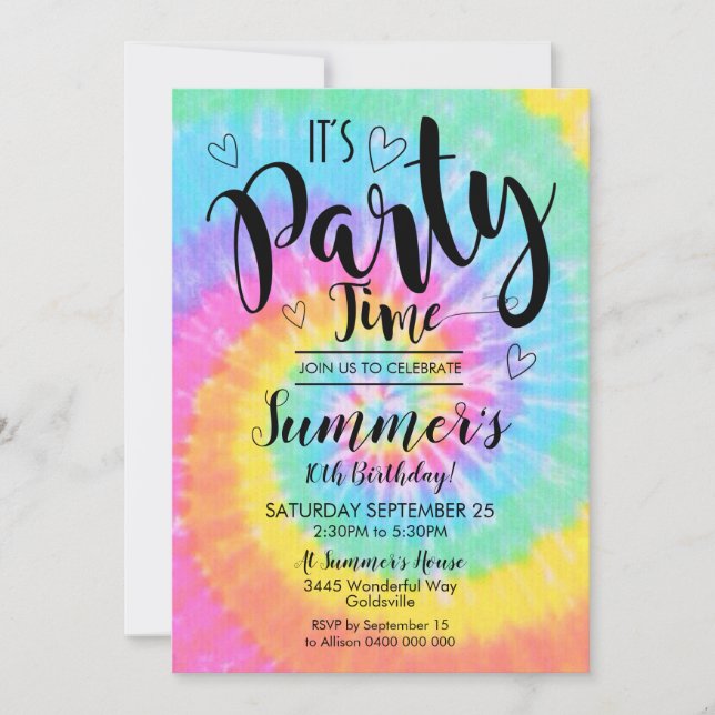 Tie Dye Party Invitation C'est l'heure de la fête (Devant)