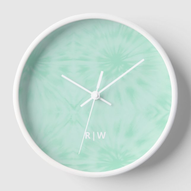 Tie Dye | Pastel Mint Green Monogram Clock (Front)