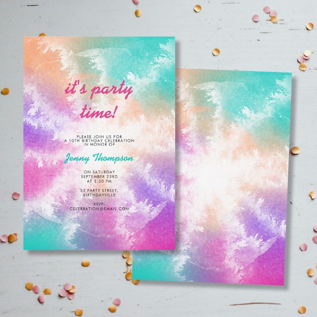 Tie Dye Pastel Pink Orange Teal Purple Birthday Invitation (Tie Dye Pastel Pink Orange Teal Purple Birthday Invitation)