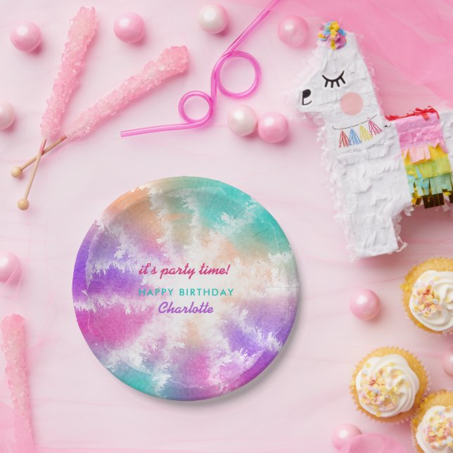 Tie Dye Pastel Pink Orange Teal Purple Birthday Paper Plate (Party)