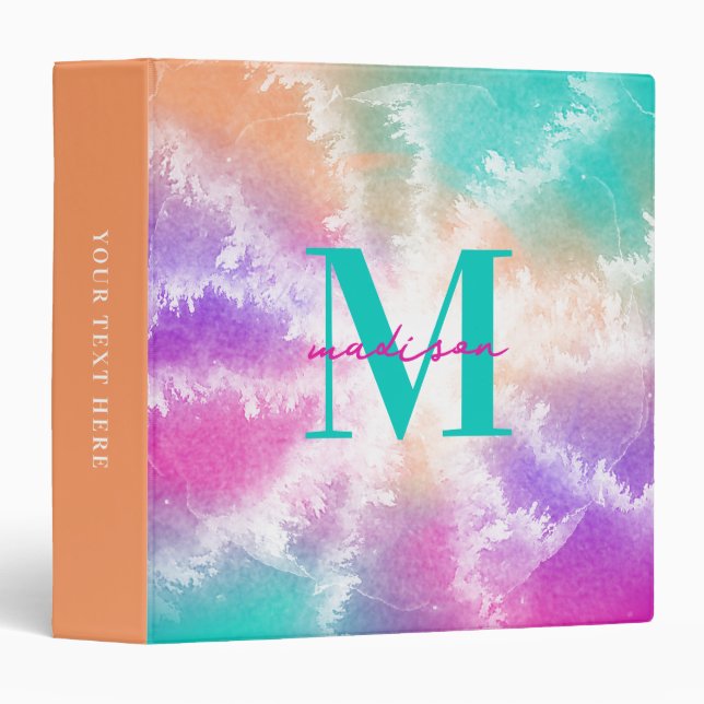 Tie Dye Pastel Pink Orange Teal Purple Monogram Binder (Front/Spine)