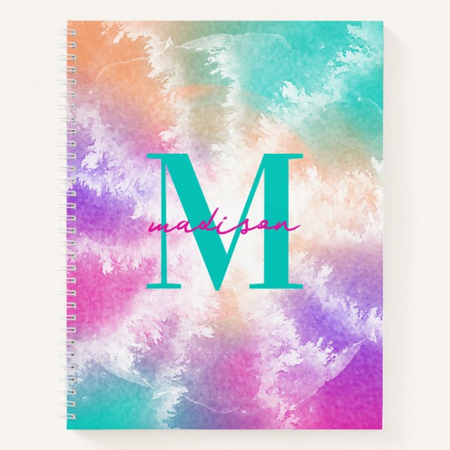 Tie Dye Pastel Pink Orange Teal Purple Monogram Notebook (Front)