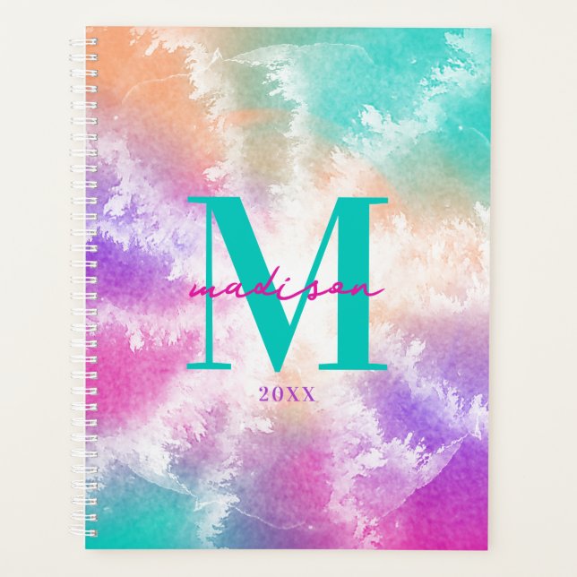 Tie Dye Pastel Pink Orange Teal Purple Monogram Planner (Front)