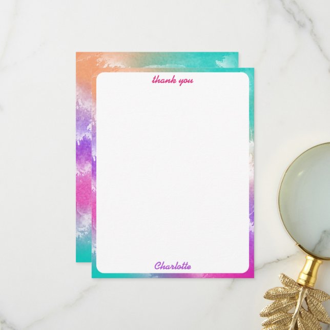 Tie Dye Pastel Pink Orange Teal Purple Monogram Thank You Card (Front/Back In Situ)