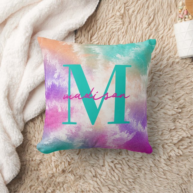 Tie Dye Pastel Pink Orange Teal Purple Monogram Throw Pillow (Blanket)