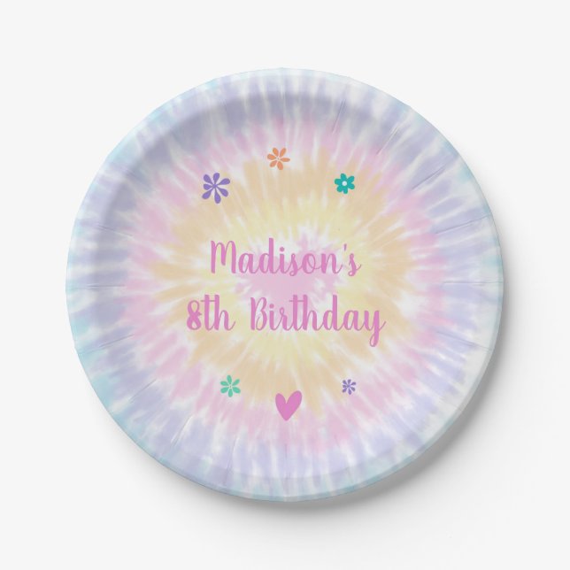 Tie Dye Pastel Rainbow Boho Hippie Birthday Paper Plate (Front)