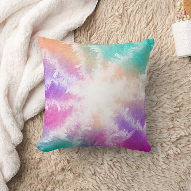 Tie Dye Pastel Watercolor Pink Orange Teal Purple Throw Pillow (Blanket)