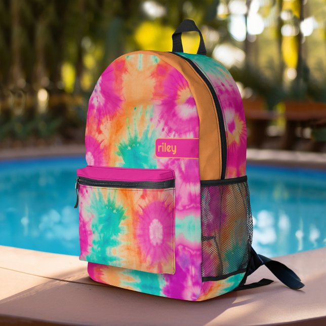 Tie Dye Pattern Hot Pink Orange Teal - custom name Printed Backpack (Personalized Backpack with tie dye pattern plus custom name)