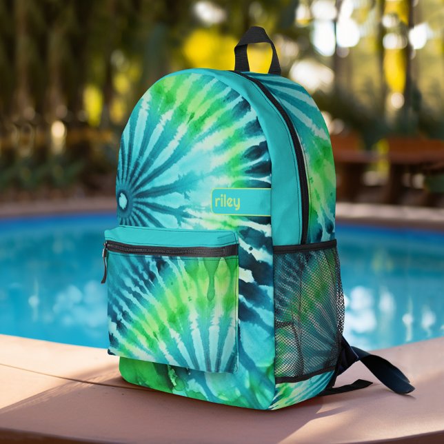 Tie Dye Pattern Lime Aqua Teal - custom name Printed Backpack (Personalized Backpack with tie dye pattern plus custom name)