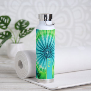 Tie Dye Pattern Lime Aqua Teal - custom name Water Bottle
