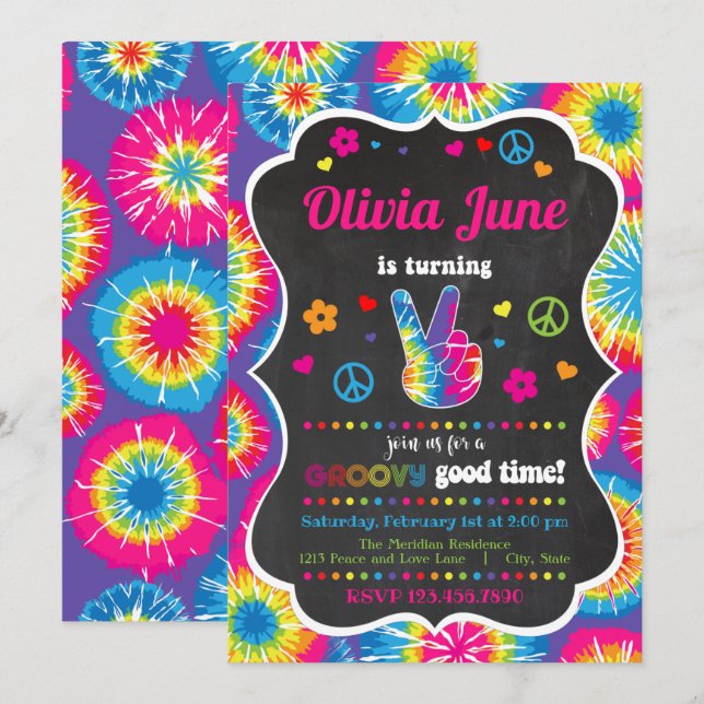 Tie Dye Peace 2e Invitation anniversaire (Devant / Derrière)