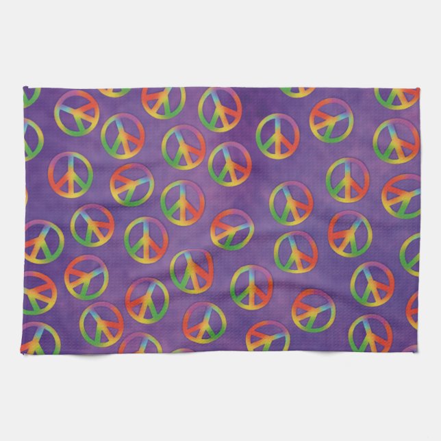 Tie Dye Peace Signs On Purple Kitchen Towel (Horizontal)