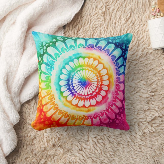 Tie Dye Rainbow Colours Bright Retro Throw Pillow (Blanket)