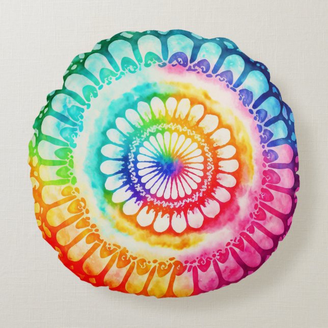 Tie Dye Rainbow Colours Retro Hippie Groovy  Round Pillow (Front)