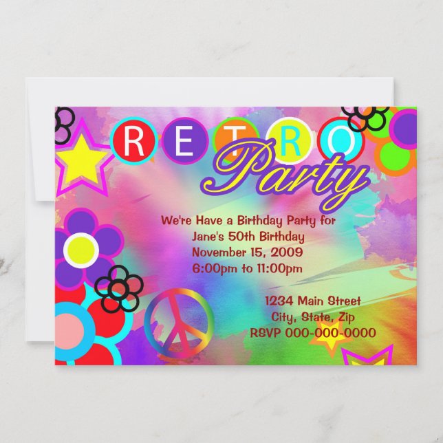 Tie-Dye Retro birthday party invitation (Front)