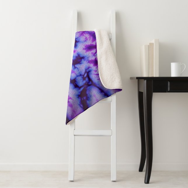 Tie Dye Shades of Purple & Blue Sherpa Blanket (In Situ)