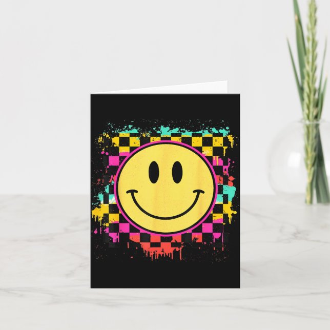 Tie Dye Smile Face Chequered Pattern Happy Smiling Card (Front)