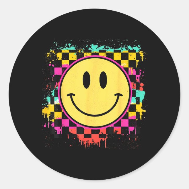 Tie Dye Smile Face Chequered Pattern Happy Smiling Classic Round Sticker (Front)