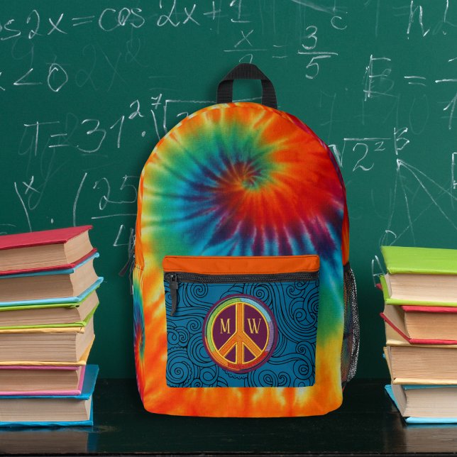 Tie Dye Swirl Peace Sign Monogram Printed Backpack (Creator Uploaded)