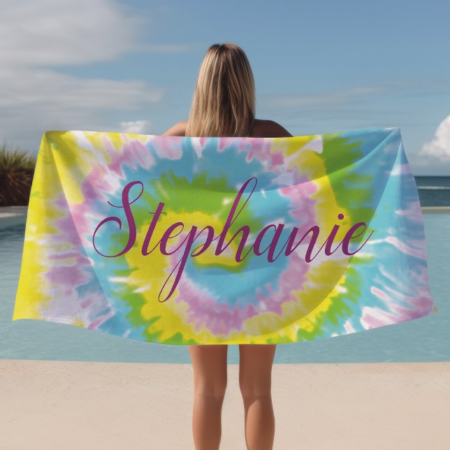 Tie Dye Swirl Yellow Blue Personalized Summer  Beach Towel (Creator Uploaded)