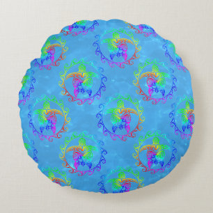 Tie Dye Tribal Turtle Moari Sun Light Blue Round Pillow