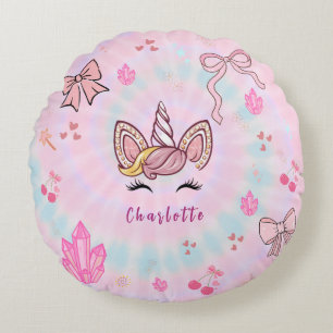 Tie Dye Unicorn Coquette Bow Round Pillow