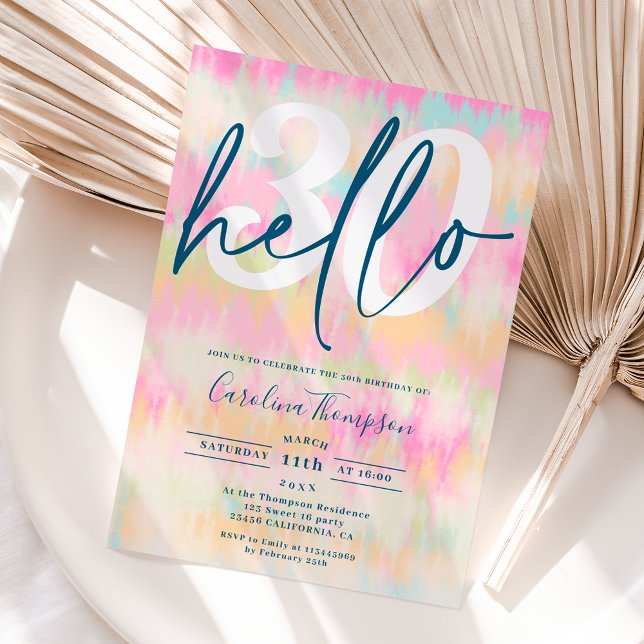 Tie dye unicorn rainbow pastel font photo hello 30 invitation (Creator Uploaded)