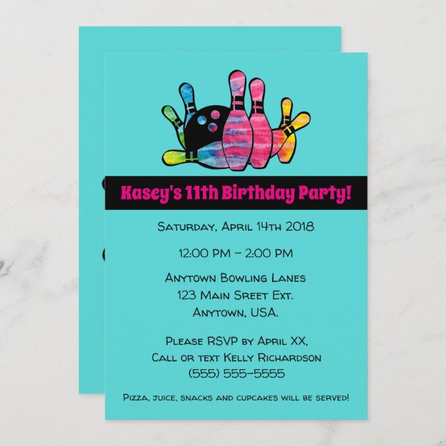 Tie Dyed Bowling Pins With Teal Birthday Party Invitation (Front/Back)