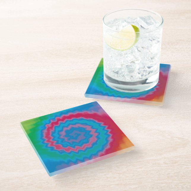 Tie dyed groovy funky retro swirl pattern cool glass coaster (Angled)