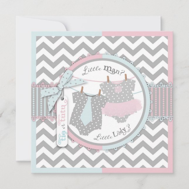 Tie or Tutu & Chevron Print Gender Reveal Party Invitation (Front)