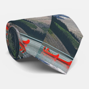 Tie, Red Canoes, Mountains, Pattern Repeats Tie