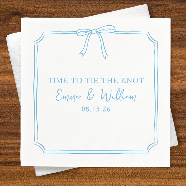 "Tie The Knot" Bow Classic Light Blue Chic Wedding Napkin (Minimalist 'Time to Tie the Knot' wedding napkins featuring a delicate bow and custom text in blue.)