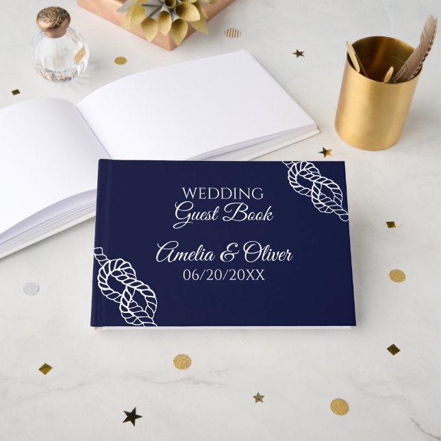 Tied The Knot Nautical Rope White & Navy Wedding Guest Book (Front Open)